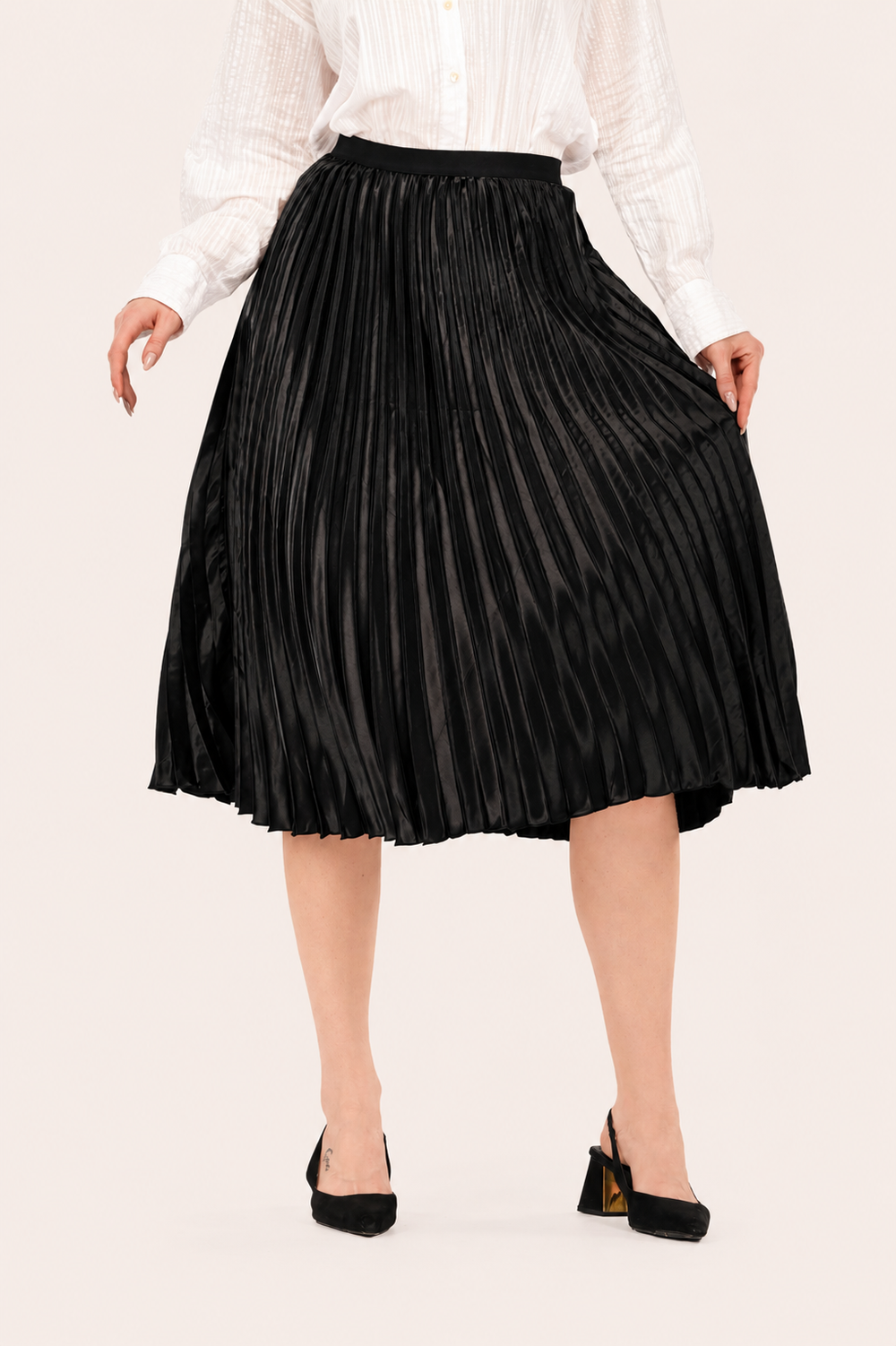 Black Satin Pleated Midi Skirt