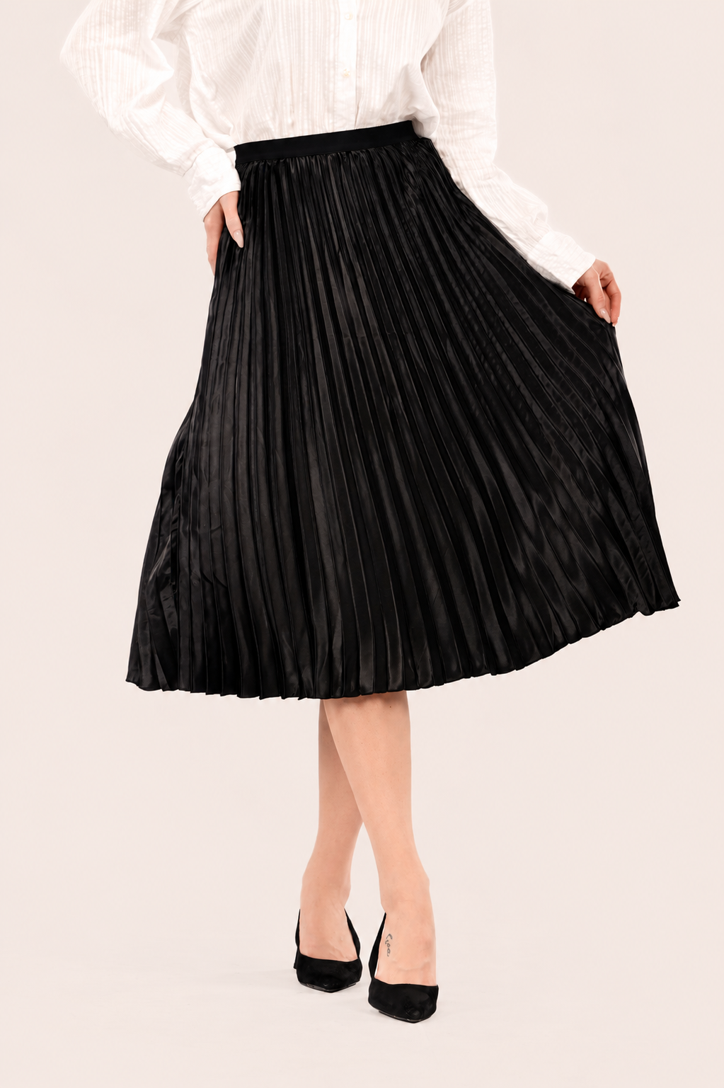 Black Satin Pleated Midi Skirt