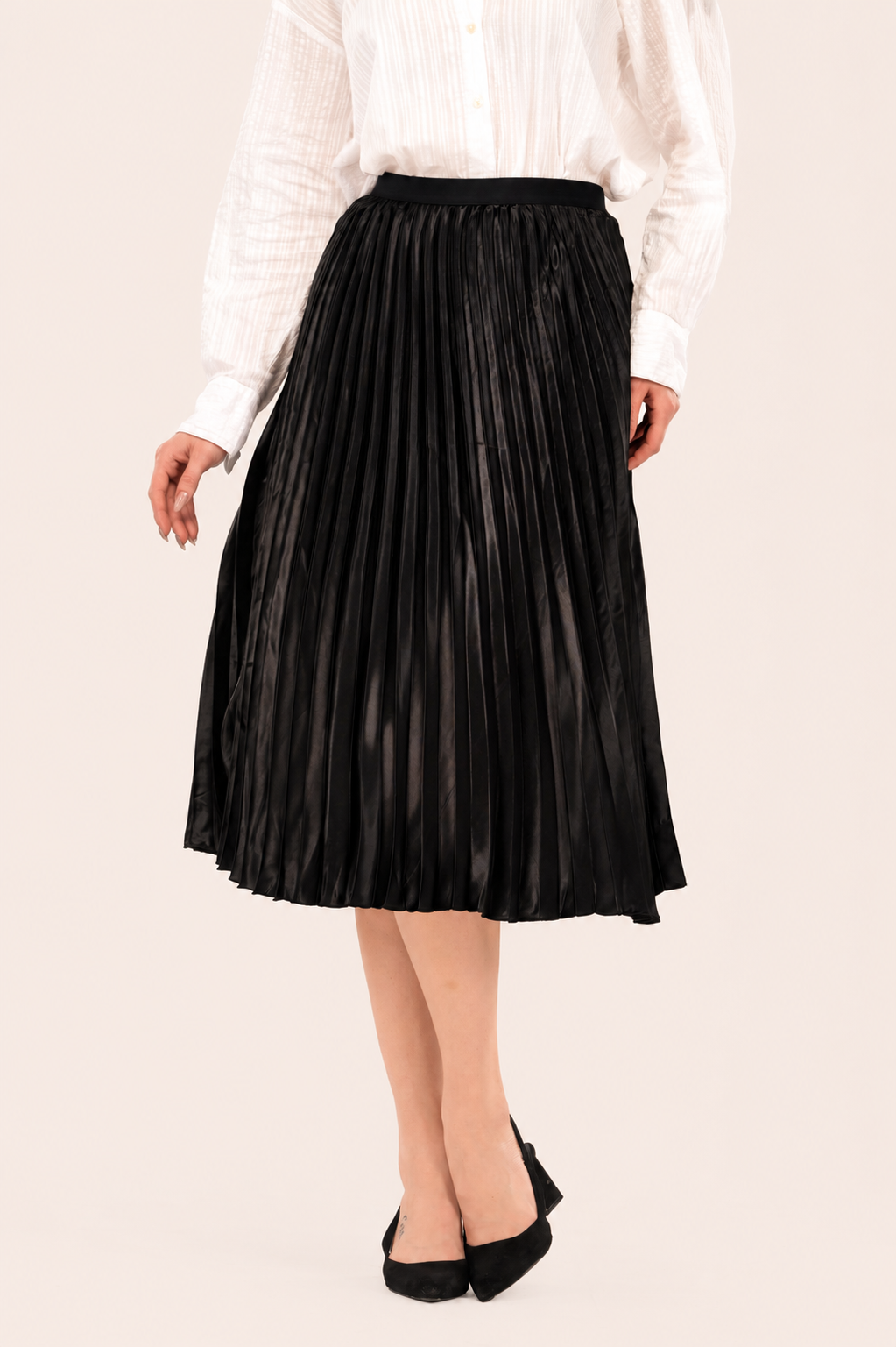 Black Satin Pleated Midi Skirt