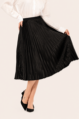 Black Satin Pleated Midi Skirt