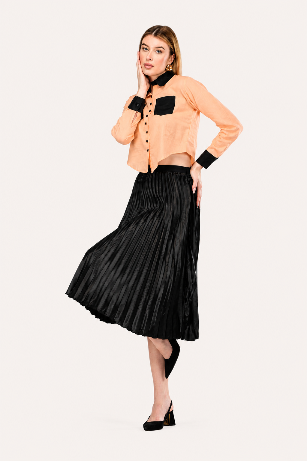 Peach Noir Crop Shirt and Skirt Co-Ord Set