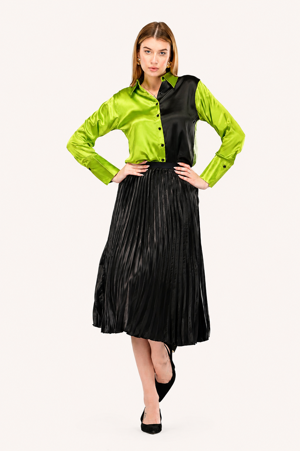 Neon Noir Japanese Satin Color-Block Shirt and Skirt  Co-Ord Set