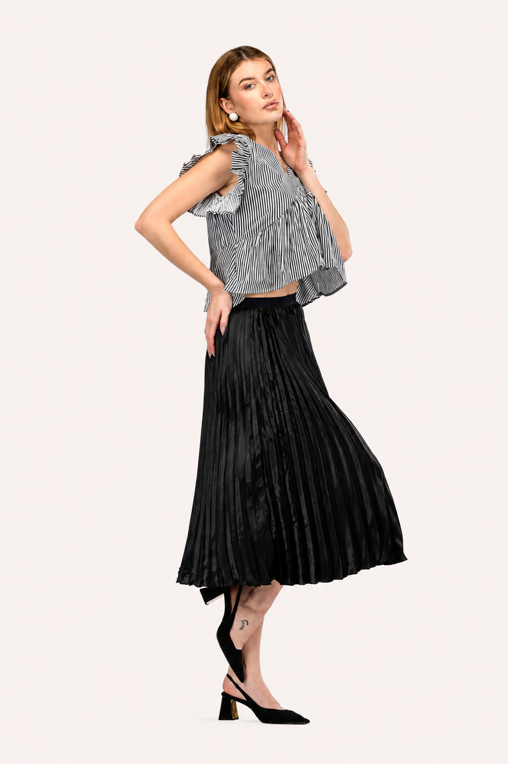 Monochrome Stripe Ruffle Top and Skirt Co-Ord Set