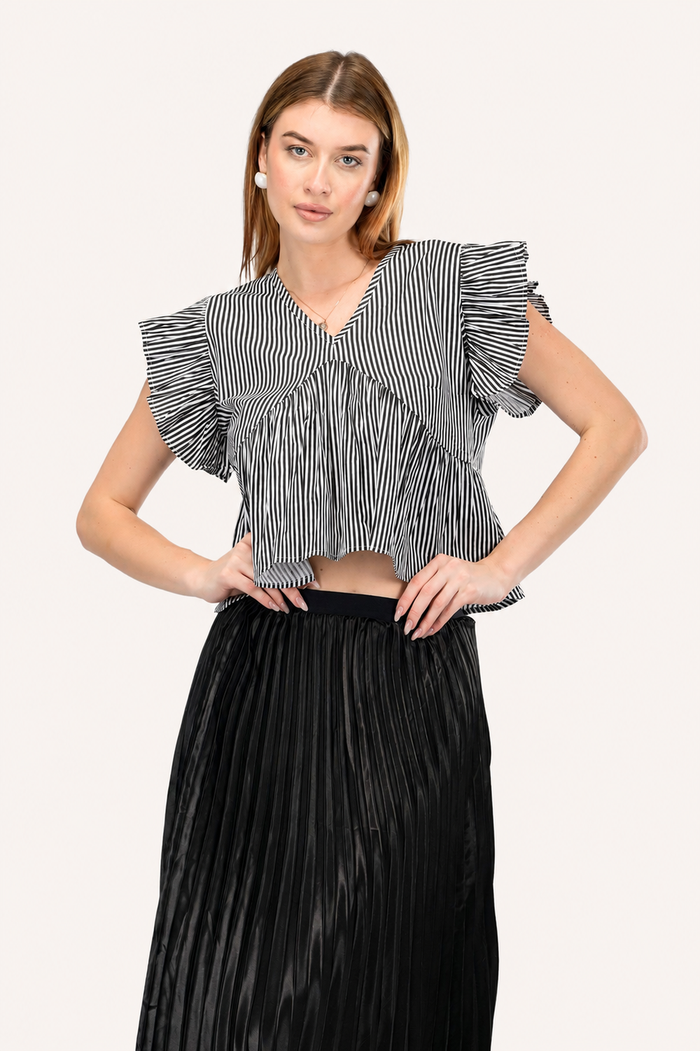 Monochrome Stripe Ruffle Top and Skirt Co-Ord Set