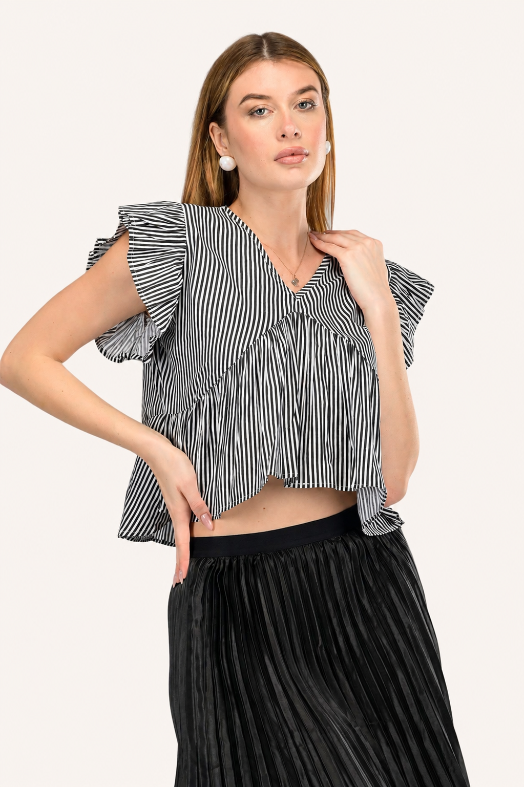 Monochrome Stripe Ruffle Top and Skirt Co-Ord Set