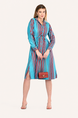 Drawstring Skyline Red Striped Shirt Dress
