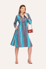 Drawstring Skyline Red Striped Shirt Dress