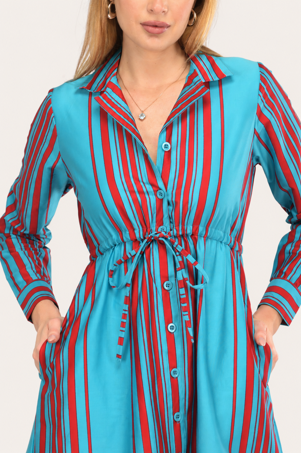 Drawstring Skyline Red Striped Shirt Dress