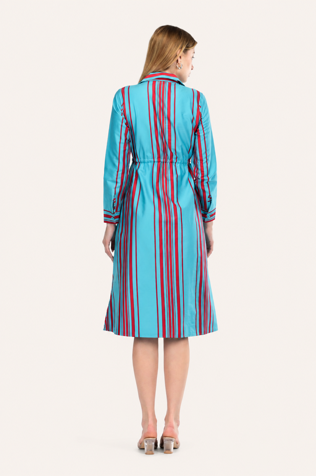 Drawstring Skyline Red Striped Shirt Dress