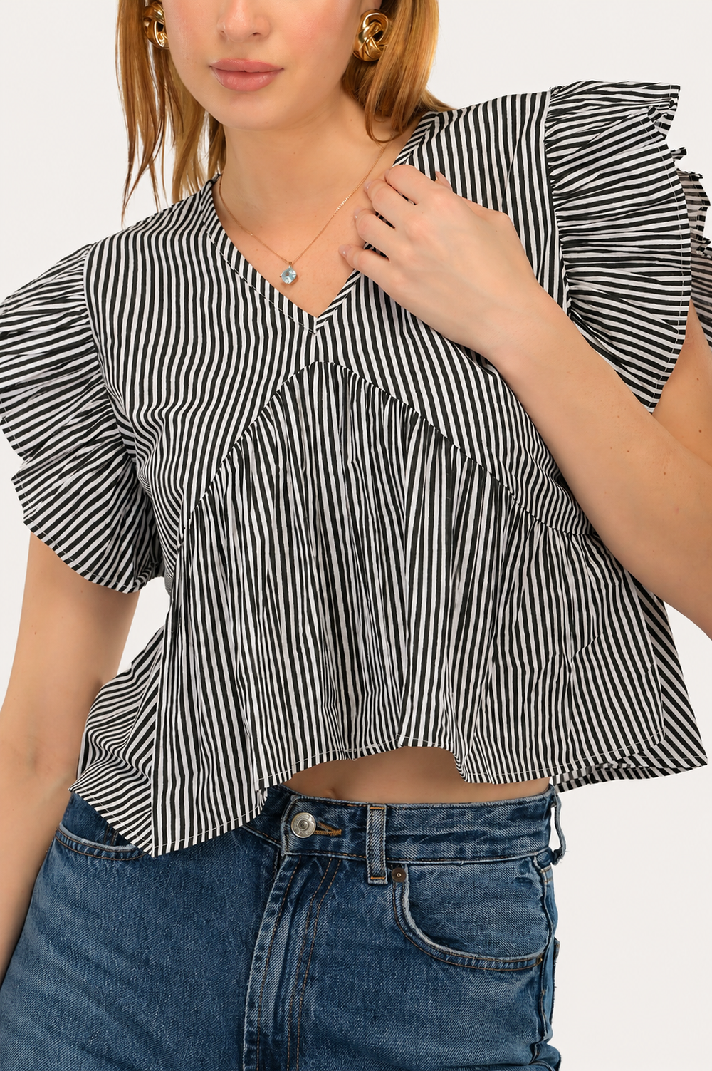 Black & White Striped Alia Cut Crop Top