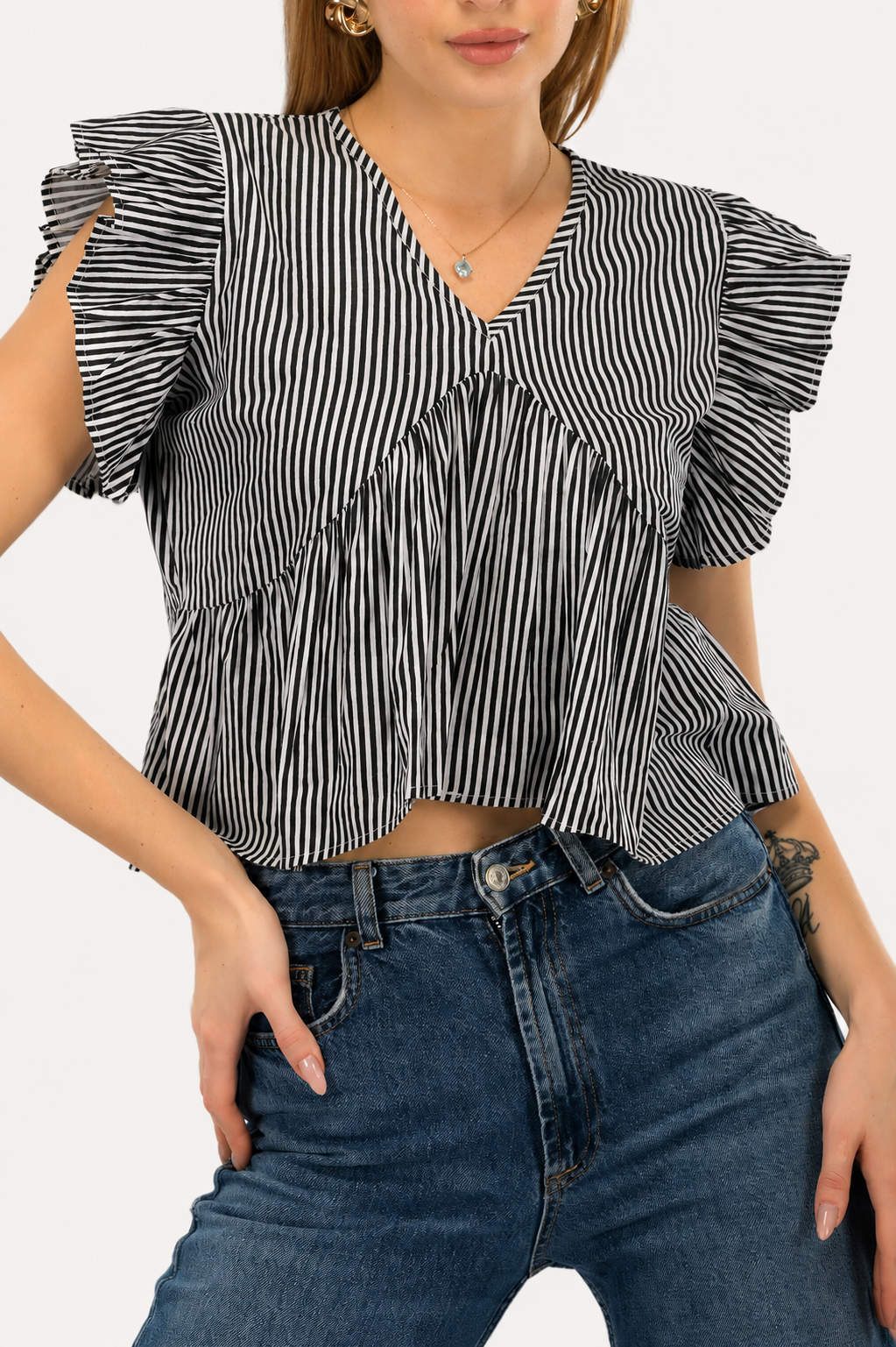 Black & White Striped Alia Cut Crop Top