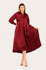 Maroon Satin Rezta Shirt Dress