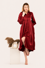 Maroon Satin Rezta Shirt Dress