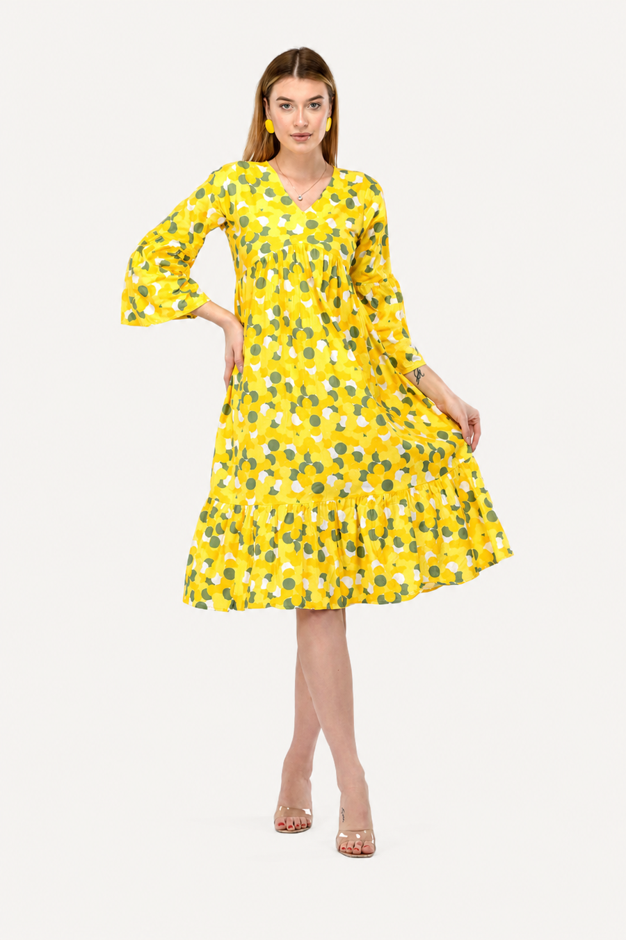 Sunflower Bloom Alia-Cut Flared Dress in Green Polka Dot Print