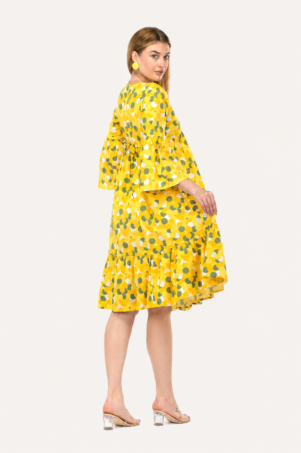 Sunflower Bloom Alia-Cut Flared Dress in Green Polka Dot Print