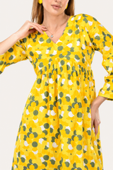 Sunflower Bloom Alia-Cut Flared Dress in Green Polka Dot Print