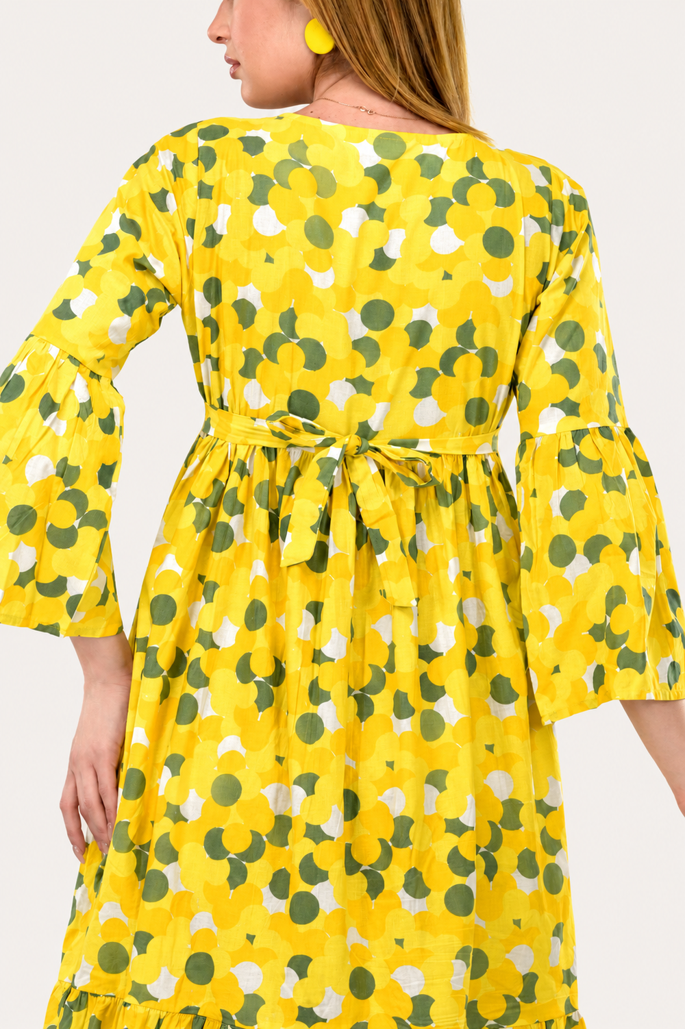 Sunflower Bloom Alia-Cut Flared Dress in Green Polka Dot Print