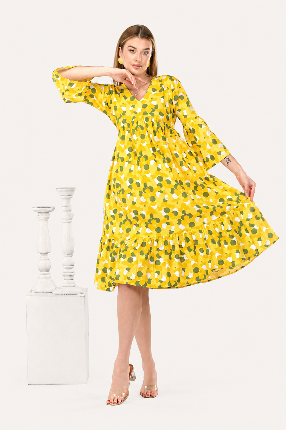 Sunflower Bloom Alia-Cut Flared Dress in Green Polka Dot Print