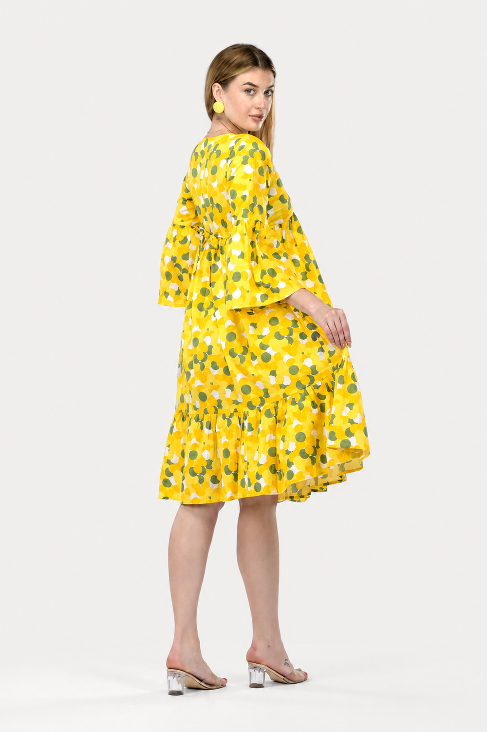 Sunflower Bloom Alia-Cut Flared Dress in Green Polka Dot Print