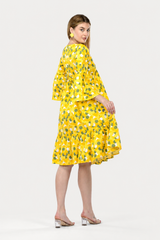 Sunflower Bloom Alia-Cut Flared Dress in Green Polka Dot Print