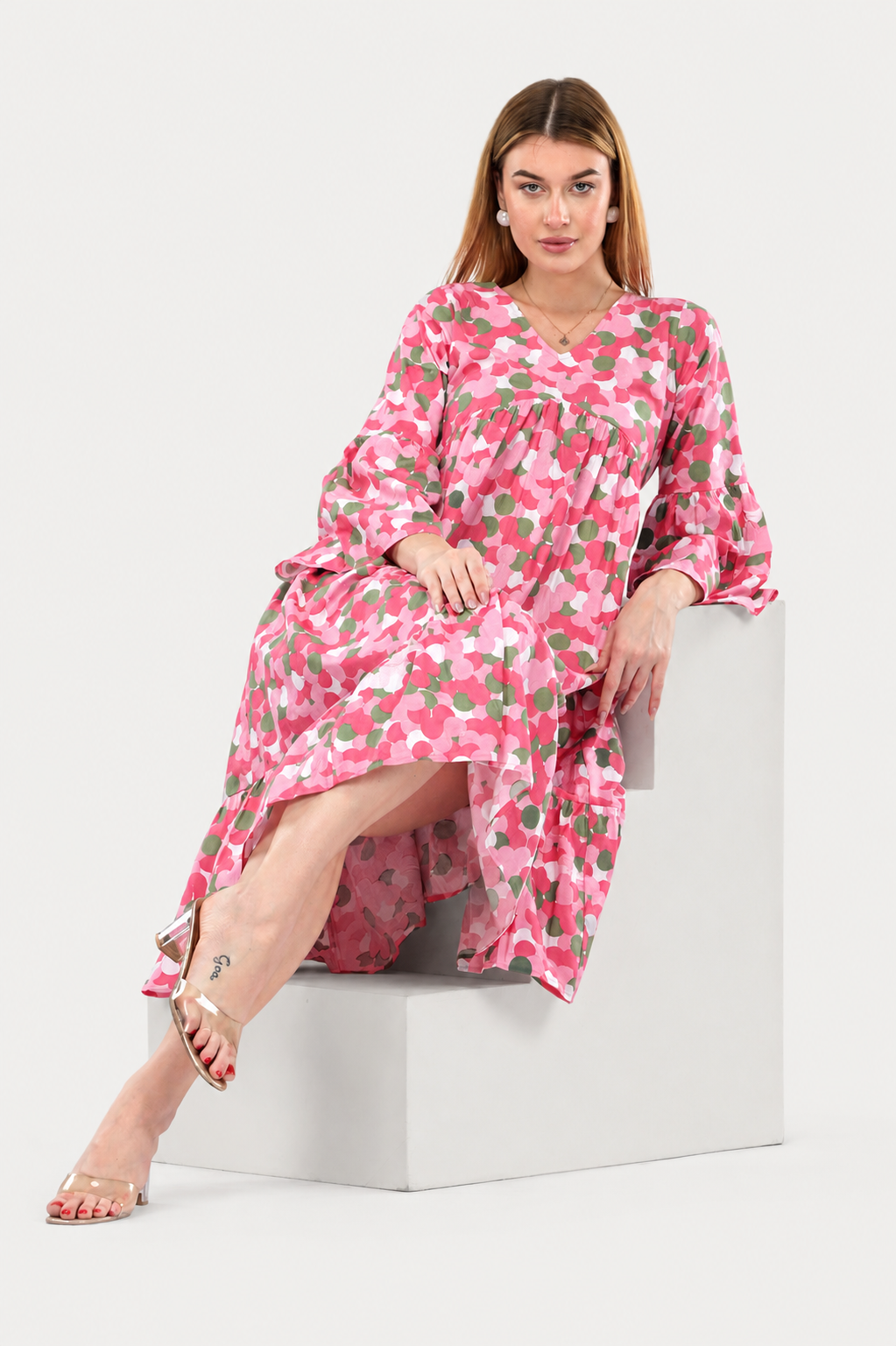 Pink Blossom Alia-Cut Flared Dress in Clustered Polka Dot Print