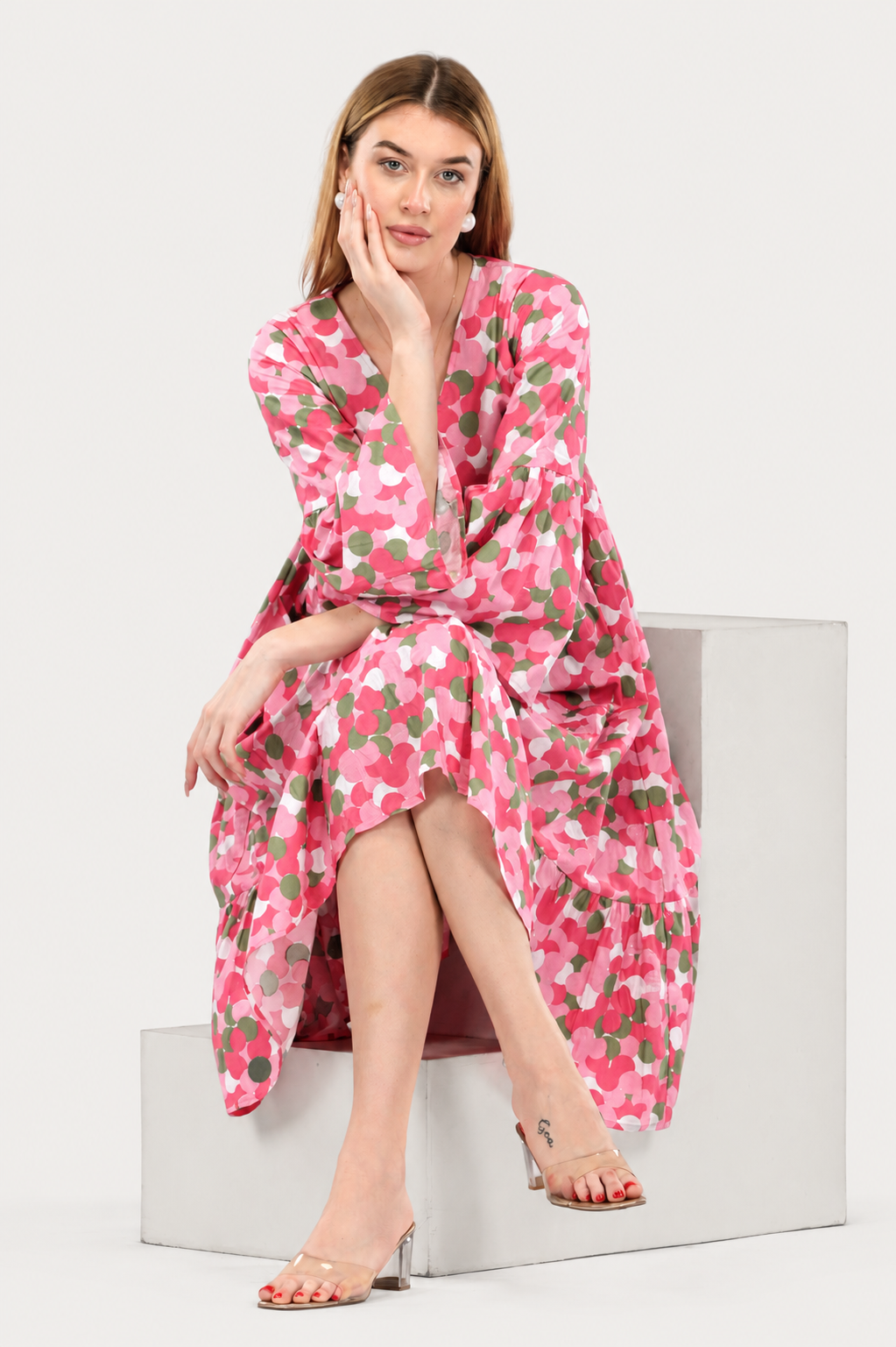Pink Blossom Alia-Cut Flared Dress in Clustered Polka Dot Print
