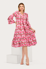 Pink Blossom Alia-Cut Flared Dress in Clustered Polka Dot Print