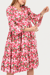 Pink Blossom Alia-Cut Flared Dress in Clustered Polka Dot Print