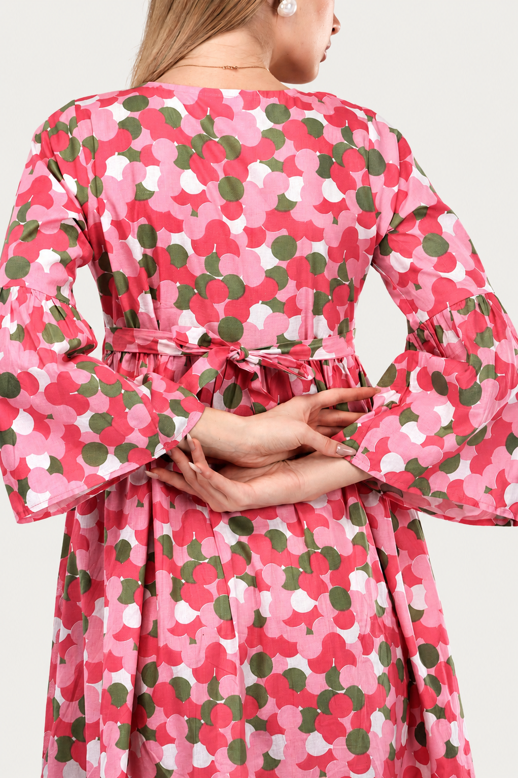 Pink Blossom Alia-Cut Flared Dress in Clustered Polka Dot Print