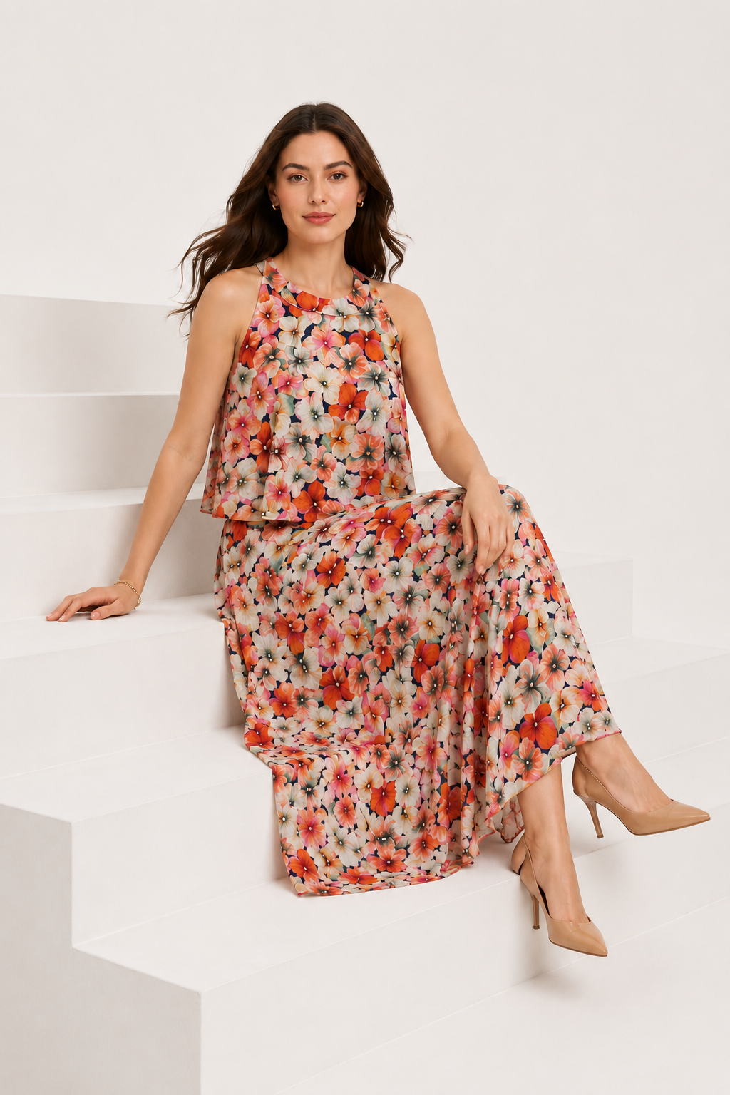 Blossom Breeze Peach Floral Georgette Co-Ord Set