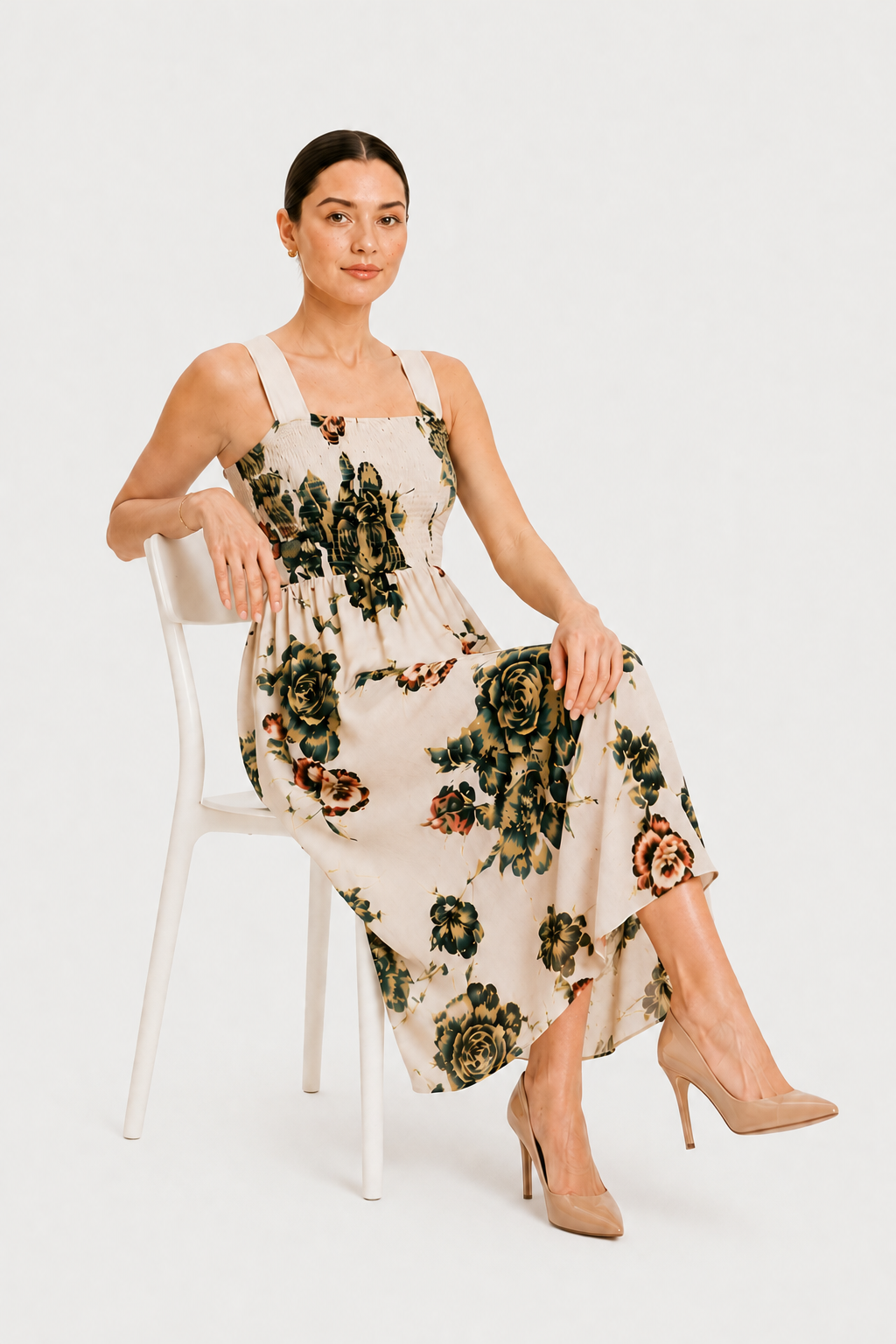 Ivory Bloom Smocked Georgette Maxi Dress