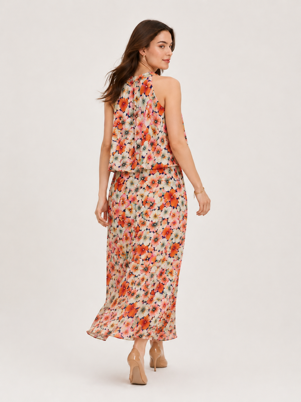 Blossom Breeze Peach Floral Georgette Co-Ord Set