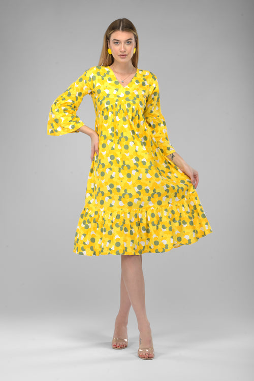 Sunflower Bloom Alia-Cut Flared Dress in Green Polka Dot Print