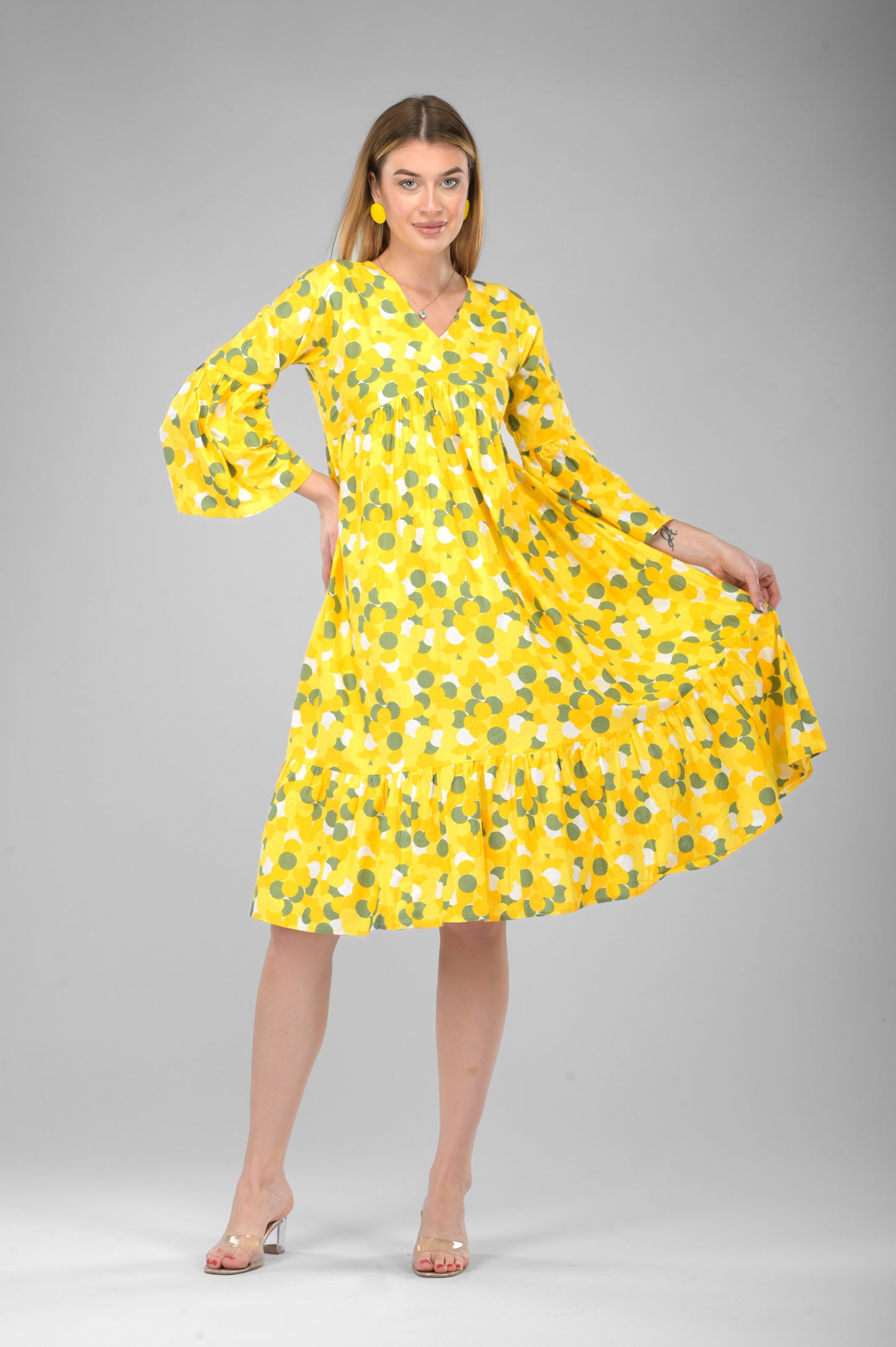 Sunflower Bloom Alia-Cut Flared Dress in Green Polka Dot Print