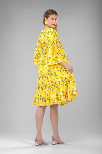 Sunflower Bloom Alia-Cut Flared Dress in Green Polka Dot Print