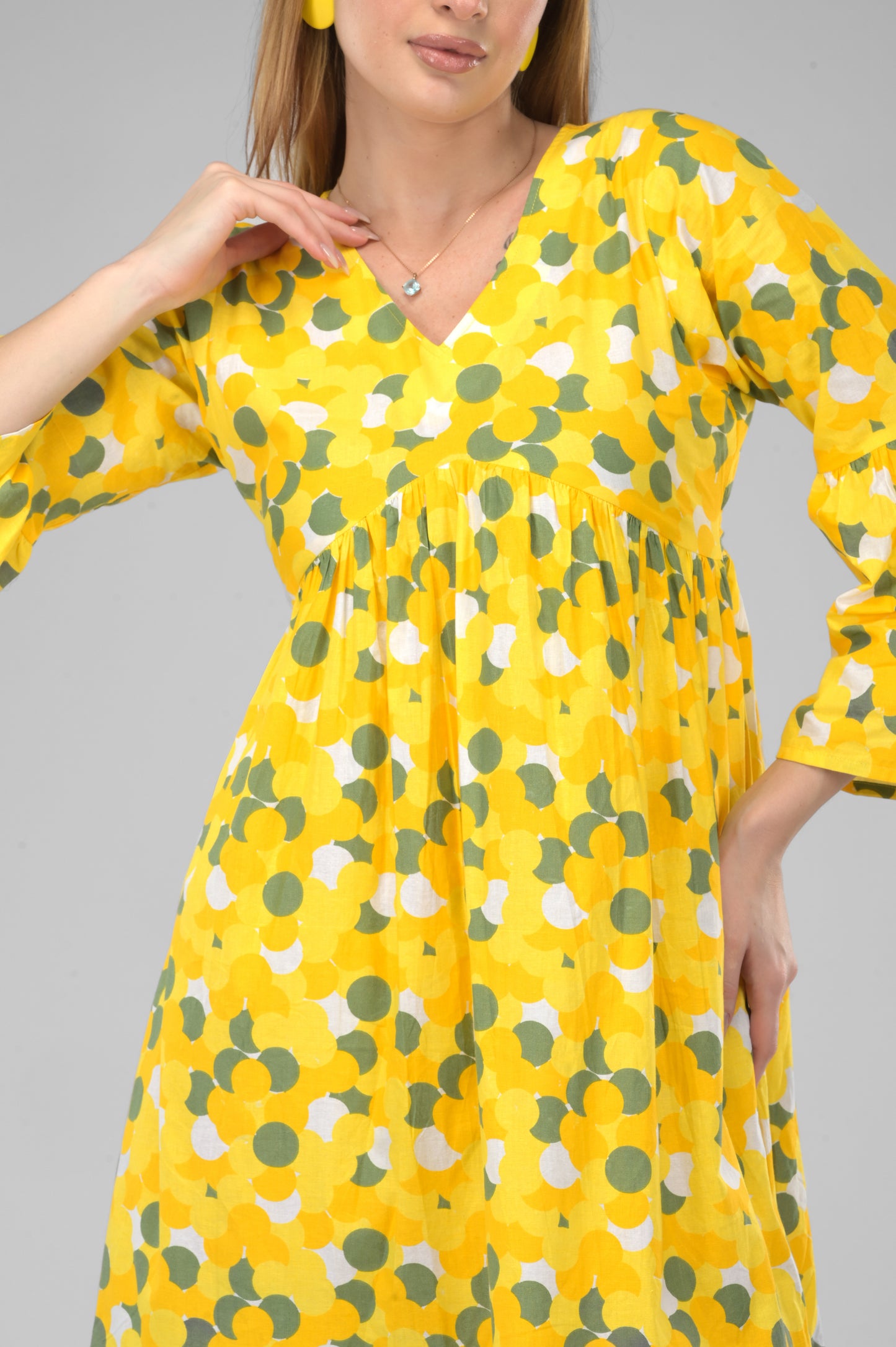 Sunflower Bloom Alia-Cut Flared Dress in Green Polka Dot Print