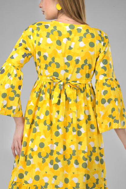 Sunflower Bloom Alia-Cut Flared Dress in Green Polka Dot Print