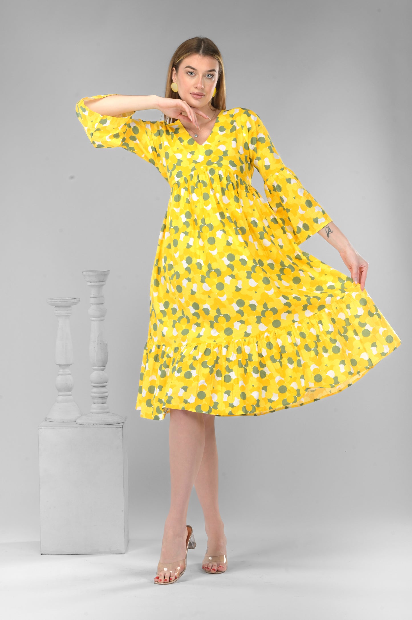Sunflower Bloom Alia-Cut Flared Dress in Green Polka Dot Print
