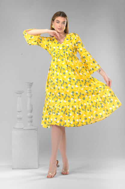 Sunflower Bloom Alia-Cut Flared Dress in Green Polka Dot Print