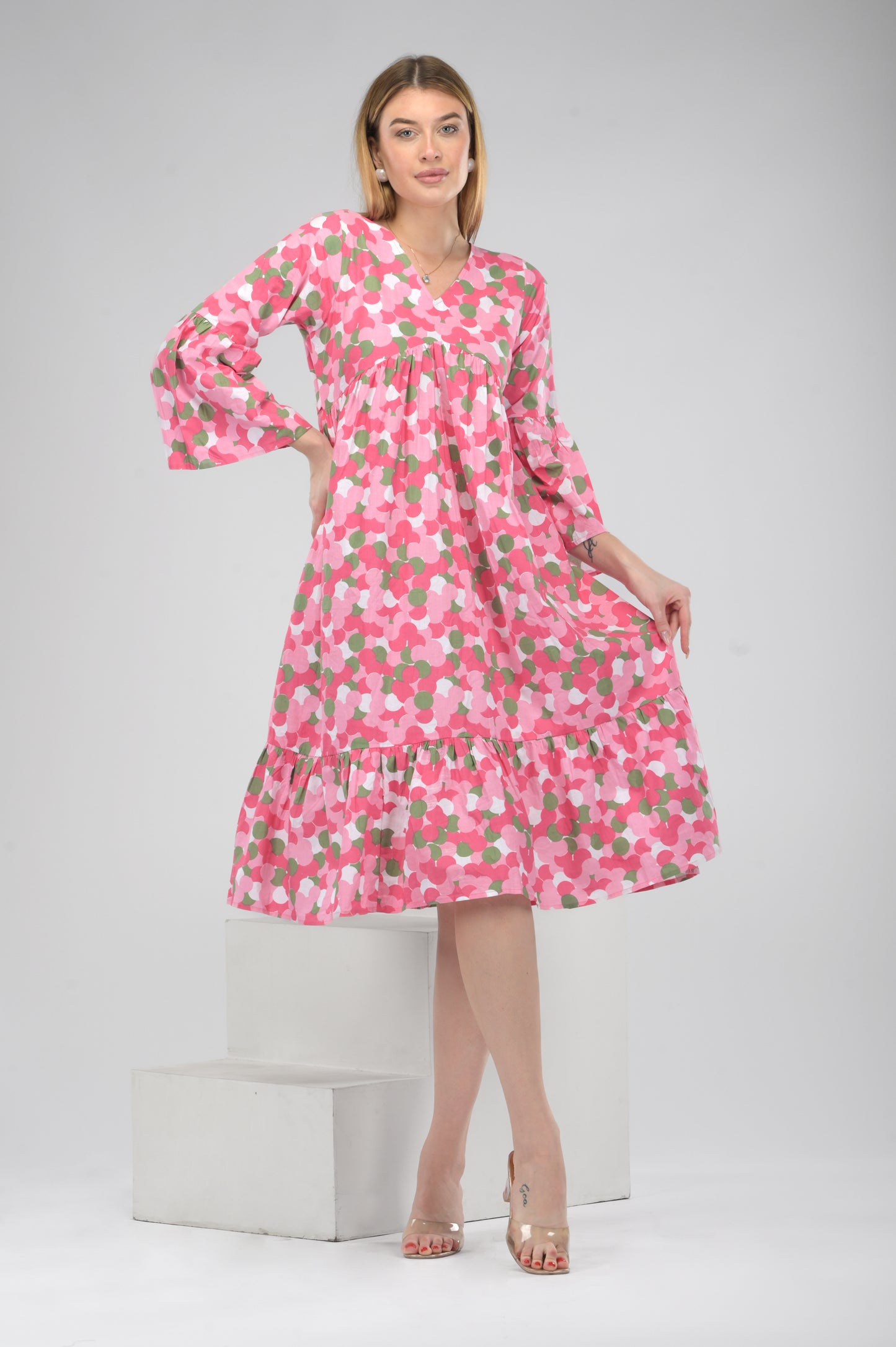 Pink Blossom Alia-Cut Flared Dress in Clustered Polka Dot Print