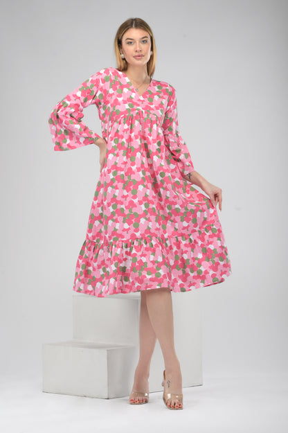 Pink Blossom Alia-Cut Flared Dress in Clustered Polka Dot Print