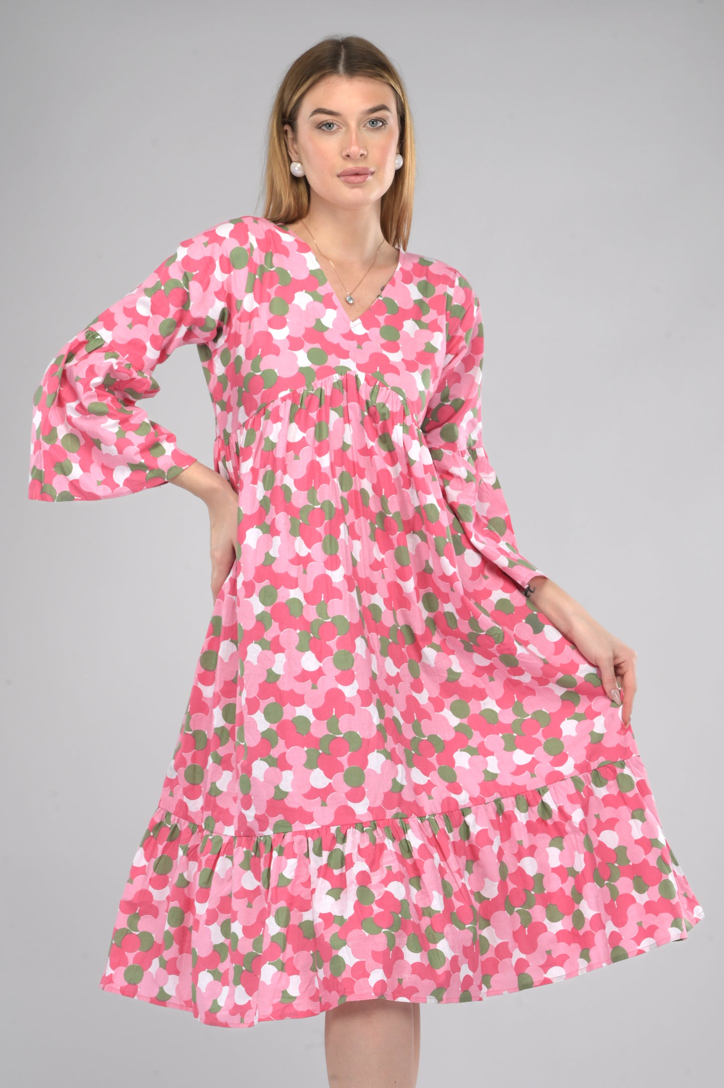 Pink Blossom Alia-Cut Flared Dress in Clustered Polka Dot Print