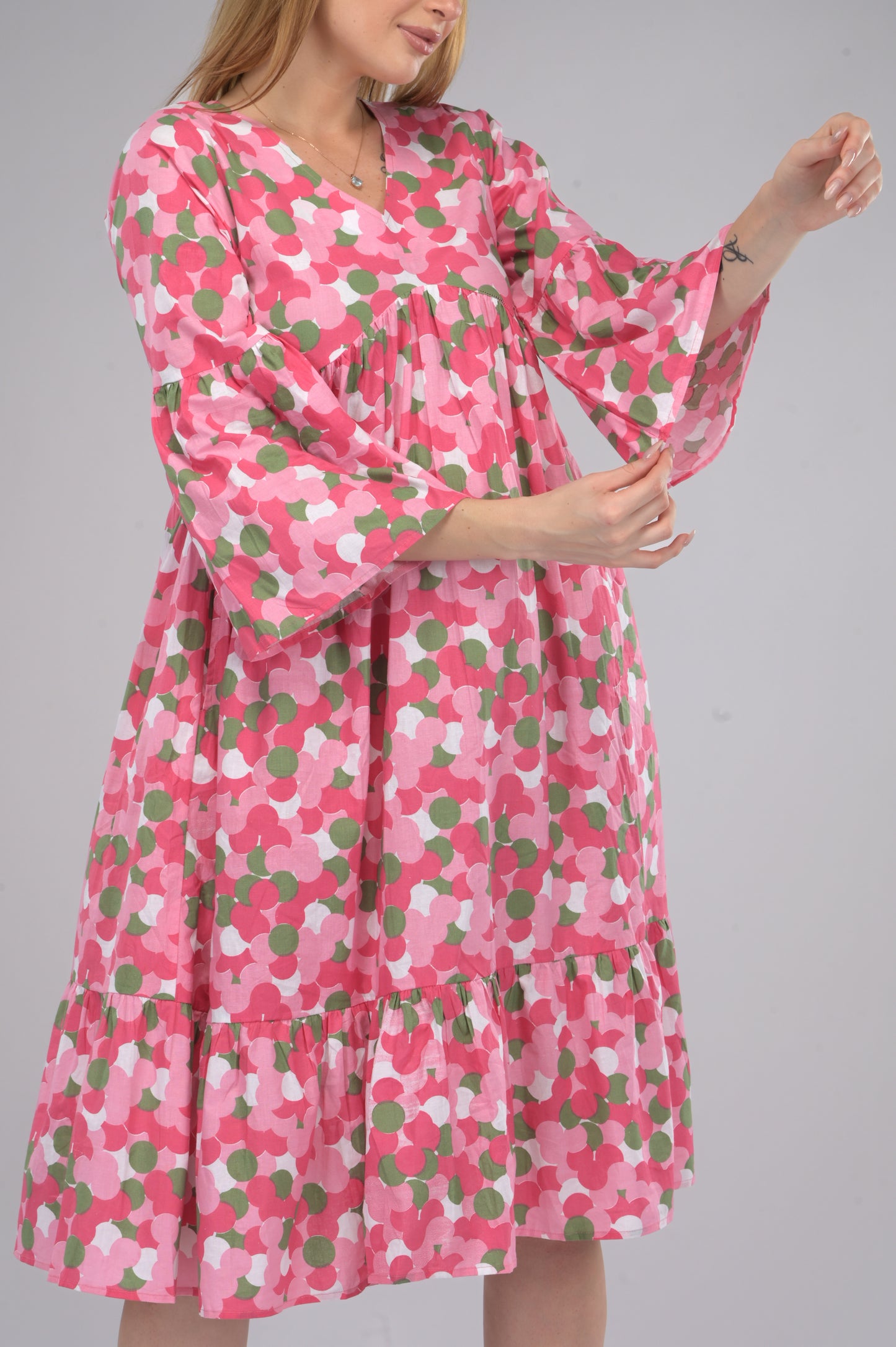 Pink Blossom Alia-Cut Flared Dress in Clustered Polka Dot Print