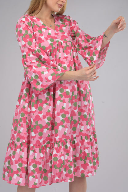 Pink Blossom Alia-Cut Flared Dress in Clustered Polka Dot Print