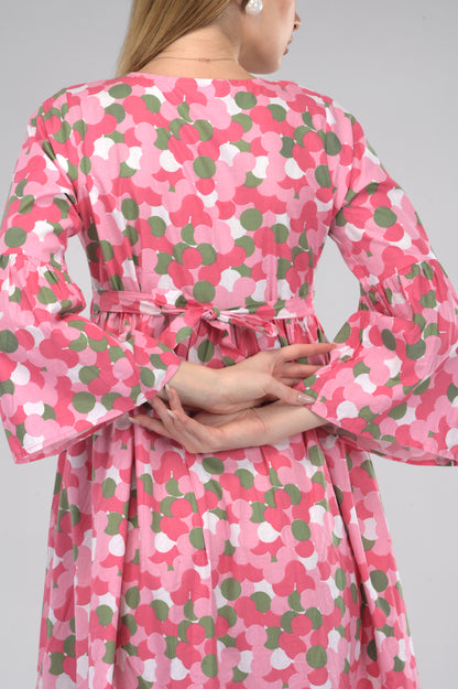 Pink Blossom Alia-Cut Flared Dress in Clustered Polka Dot Print