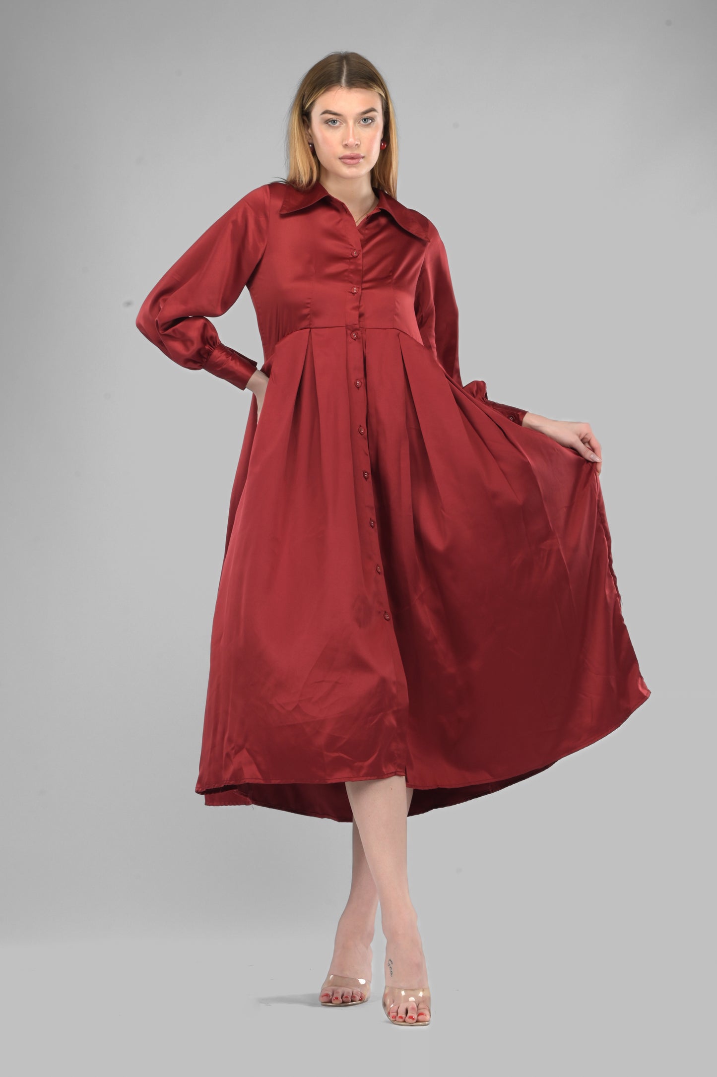 Maroon Satin Rezta Shirt Dress