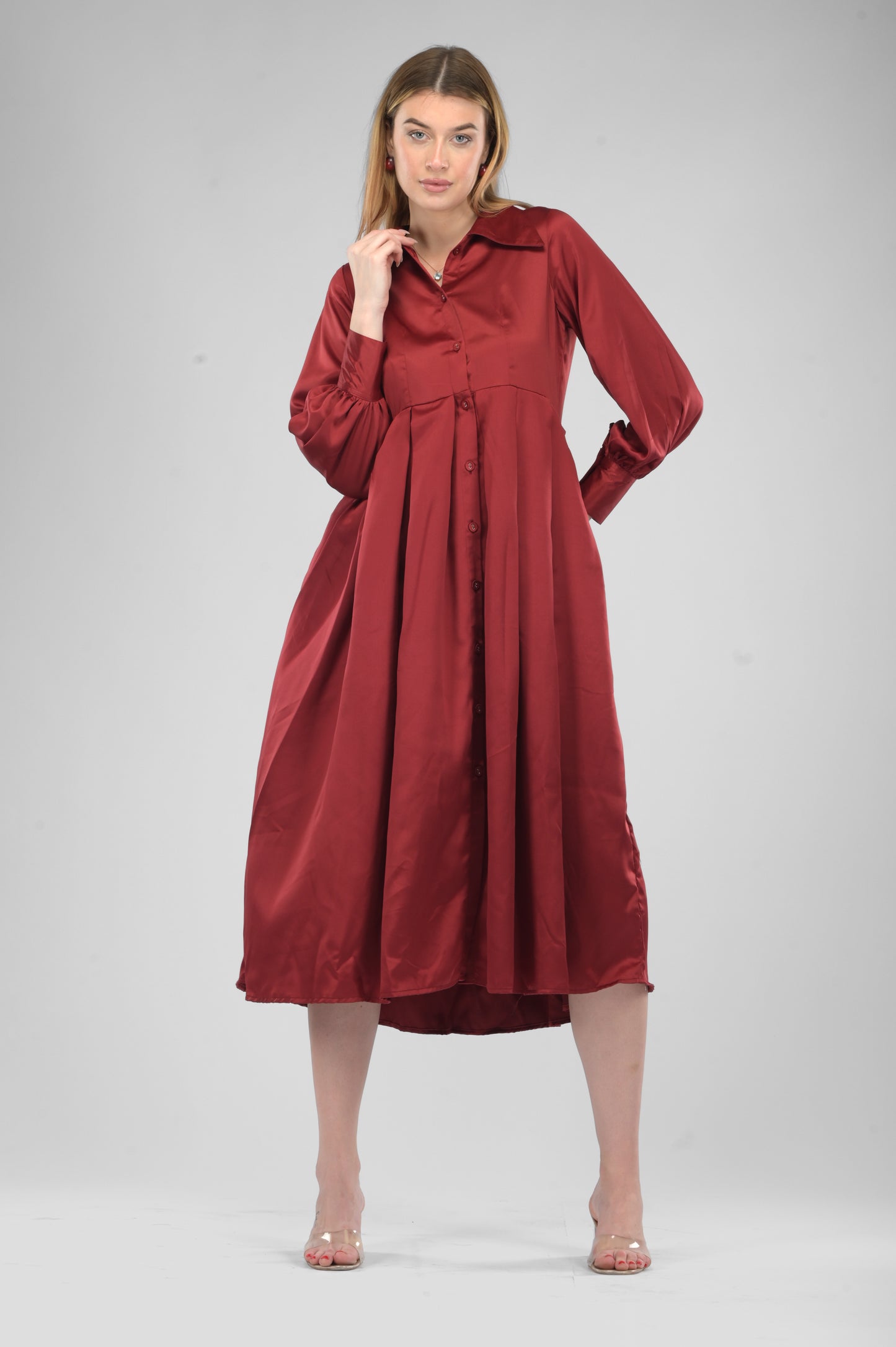 Maroon Satin Rezta Shirt Dress
