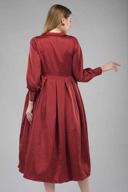 Maroon Satin Rezta Shirt Dress