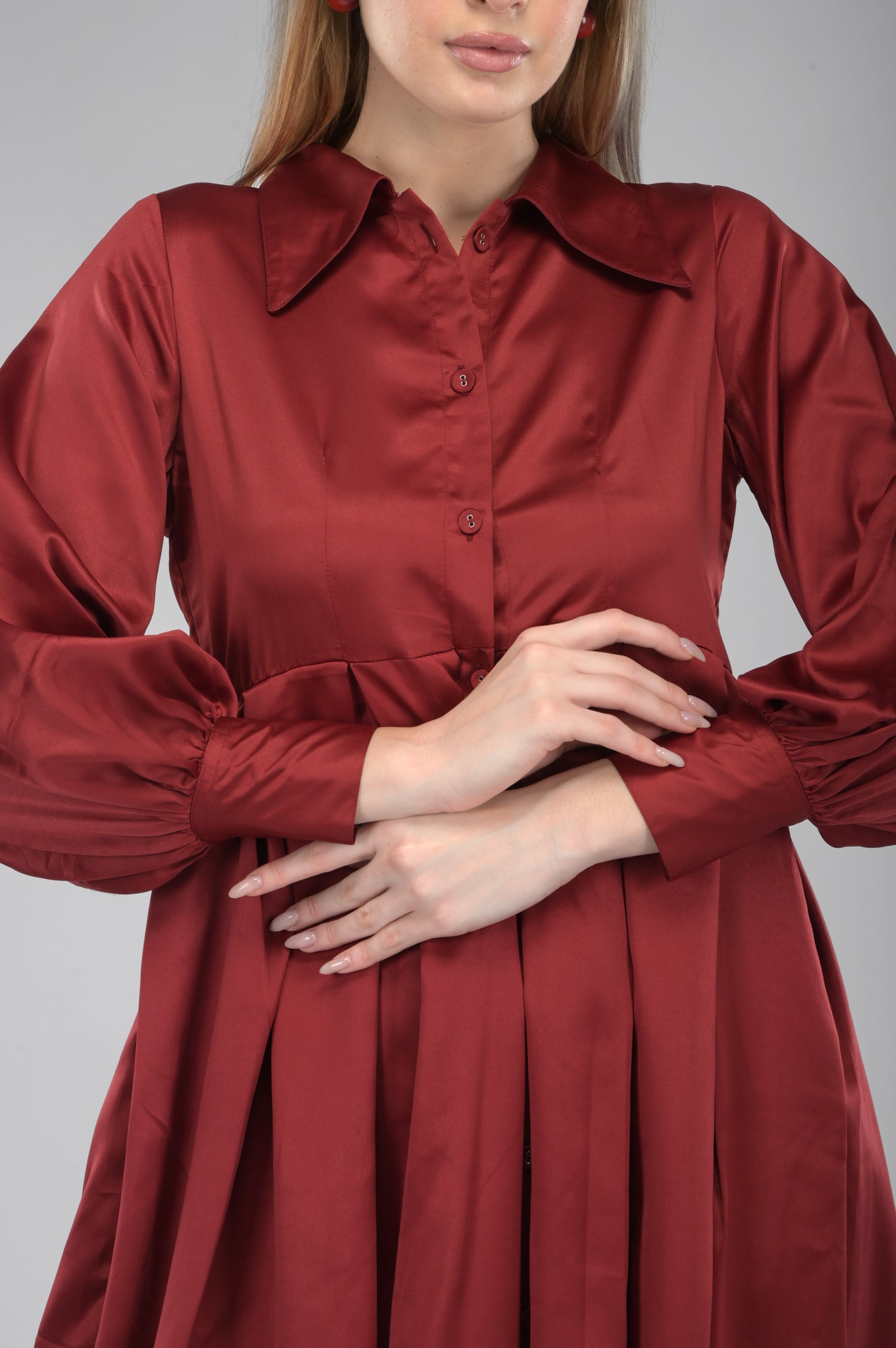 Maroon Satin Rezta Shirt Dress