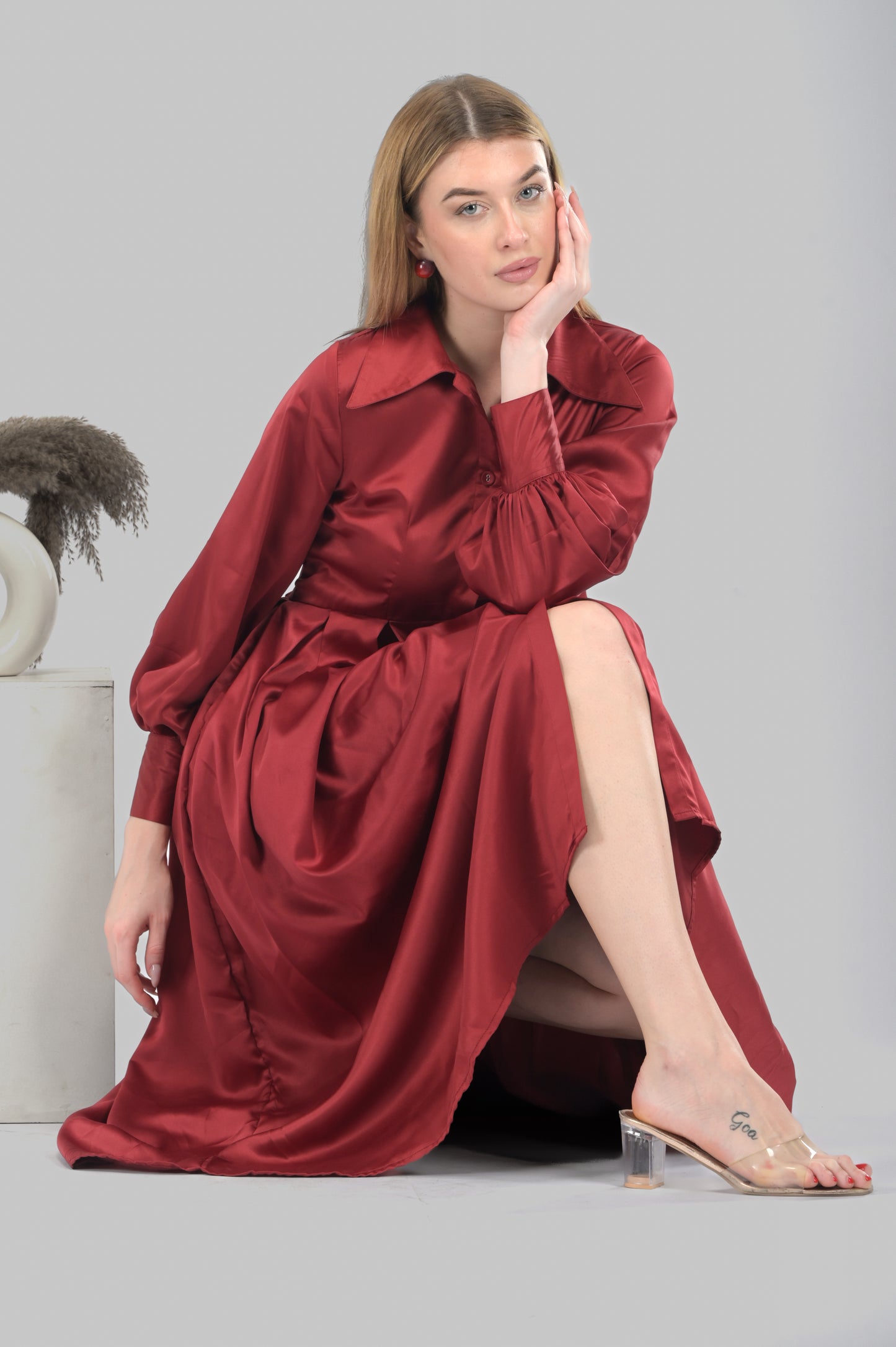 Maroon Satin Rezta Shirt Dress